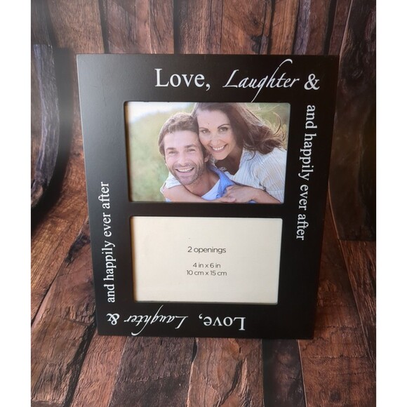 Picture Frame Love Laughter‎ and Happily Ever After Black Wood 2 Openings 4x6 - Picture 1 of 7